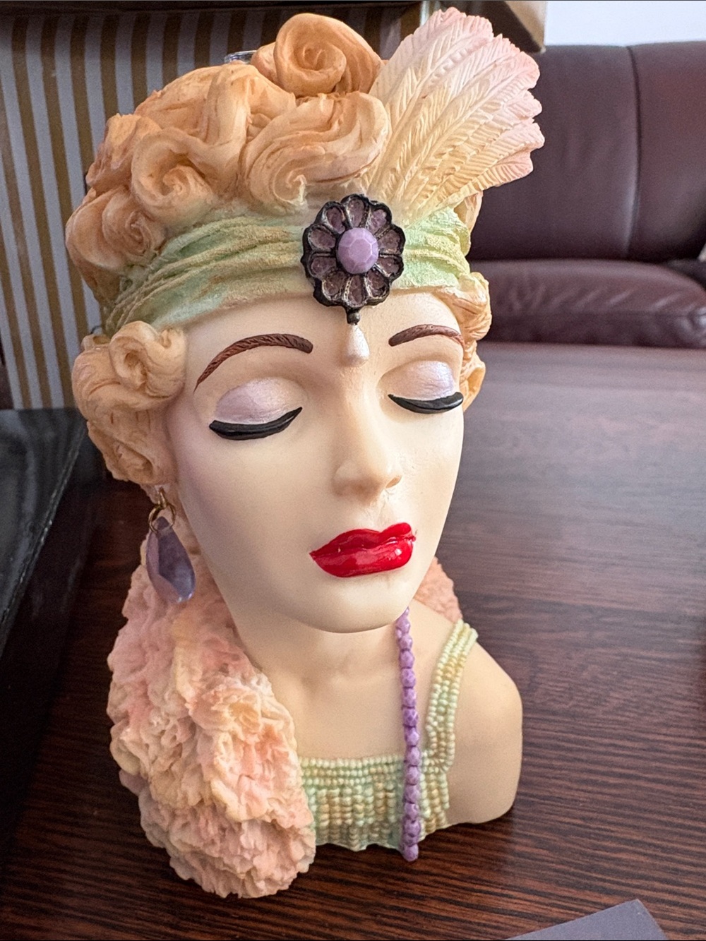 Vintage Flapper Head Eve 1926  in Pastel Pink & Purple LADY HEAD VASE